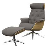 Relaxfauteuil BLOMST Leer Danbi: Bruin - Hoogte: 112 cm - Chroomkleurig glanzend - Met hocker - Eik