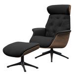 Relaxfauteuil BLOMST Leer Danbi: Zwart - Hoogte: 112 cm - Zwart - Met hocker - Notenboom