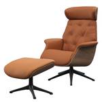 Relaxfauteuil BLOMST Leer Danbi: Cognac - Hoogte: 112 cm - Zwart - Met hocker - Notenboom