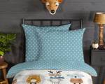 Parure en flanelle de coton Woodland Coton - Turquoise / Beige - 140 x 200 cm + coussin 90 x 70 cm