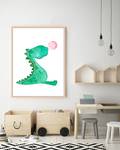 Afbeelding Dinosaur Blowing Bubble Gum massief beukenhout/acrylglas - naturel - 63 x 83 cm