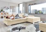 Hoekbank Calstar met chaise longue Geweven stof Porcia: Beige - Longchair vooraanzicht rechts - Zonder slaapfunctie