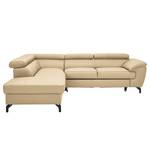 Hoekbank Cartillon met chaise longue Leer Mabel: Beige - Ottomaan vooraanzicht links - Hoofdsteun verstelbaar - Slaapfunctie