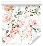 Papier Peint ROSES Feuilles Aquarelle Beige - Vert - Blanc - Papier - Textile - 53 x 1000 x 1000 cm