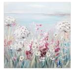 Tableau peint Perspectives fleuries Bleu - Rose foncé - Bois massif - Textile - 80 x 80 x 4 cm