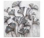 Tableau peint à la main Elegant Leaves Gris - Blanc - Bois massif - Textile - 80 x 80 x 4 cm