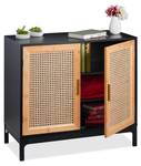 Sideboard mit 2 Rattan-Türen Schwarz - Braun - Gold - Bambus - Holzwerkstoff - Rattan - 80 x 76 x 39 cm