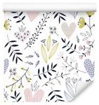 Tapete BLÄTTER Blumen Herzen Natur Schwarz - Violett - Weiß - Papier - Textil - 53 x 1000 x 1000 cm