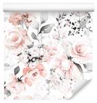 Papier Peint ROSES Feuilles Aquarelle Beige - Gris - Rose foncé - Blanc - Papier - Textile - 53 x 1000 x 1000 cm