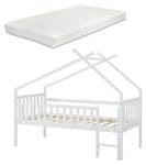 Lit cabane Sotkamo avec matelas Blanc - Bois massif - Bois/Imitation - 97 x 170 x 206 cm