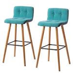 Tabourets de bar Troon (lot de 2) Chêne massif / Tissu - Bleu pétrole / Gris