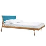 Massief houten bed Fleek I massief eikenhout - Lichte eikenhouten - Stof Gaia: Petrolblauw - 180 x 200cm