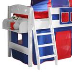 Spielbett Kenny Massivholz Kiefer - Inklusive Rutsche, Turm & Textilset - Weiß lackiert - Blau / Rot