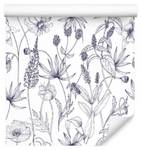 Papier Peint Herbes FLEURS Nature Rétro Bleu - Gris - Mauve - Blanc - Papier - Textile - 53 x 1000 x 1000 cm