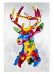 Tableau peint à la main Cerf multicolore Bois massif - Textile - 60 x 90 x 4 cm