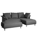 Ecksofa Ambesia Strukturstoff Longchair beidseitig montierbar - Dunkelgrau - Mit Hocker