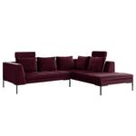 Hoekbank MADISON met ottomane fluweel - Velours Shyla: Aubergine - Longchair vooraanzicht rechts