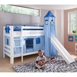Spielbett Beni mit Rutsche, Vorhang, Turm und Tasche - Buche massiv weiß lackiert/Textil blau-delfin