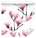 Tapete BLUMEN Magnolien Zweige Natur Schwarz - Grün - Pink - Weiß - Papier - Textil - 53 x 1000 x 1000 cm