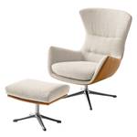 Fauteuil HEPBURN met kruisvoet geweven stof/echt leer - Stof Saia / Leer Neka: Beige / Cognackleurig - Chroomkleurig glanzend