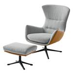 Fauteuil HEPBURN met kruisvoet geweven stof/echt leer - Stof Saia / Leer Neka: Lichtgrijs / Cognackleurig - Zwart