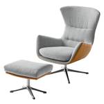 Fauteuil HEPBURN met kruisvoet geweven stof/echt leer - Stof Saia / Leer Neka: Lichtgrijs / Cognackleurig - Chroomkleurig glanzend