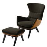 Fauteuil HEPBURN met houten pootjes geweven stof/echt leer - Zwart