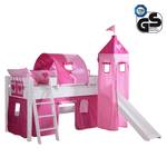 Halbhohes Spielbett Kim Buche massiv/Weiß Textilset Pink/Rosa/Herz