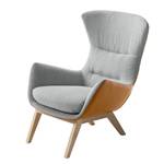 Fauteuil Hepburn I geweven stof/echt leer - Lichtgrijs/Cognackleurig - Lichte eikenhouten