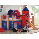 Spielbett Alex Buche massiv natur lackiert - Inklusive Rutsche, Turm & Textilset in Blau/Rot