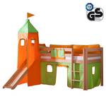 Letto per bambini Eliyas Legno massello di faggio - Con scivolo, torre e accessori in tessuto in verde/arancione