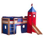 Spielbett Alex mit Rutsche, Vorhang, Turm und Tasche - Buche Natur/Textil Blau-Rot