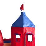 Spielbett Alex mit Rutsche, Vorhang, Turm und Tasche - Buche Natur/Textil Blau-Rot