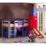 Spielbett Alex mit Rutsche, Vorhang, Turm und Tasche - Buche Natur/Textil Blau-Rot