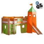 Spielbett Alex mit Rutsche, Vorhang, Turm und Tasche - Buche natur/Textil grün-orange