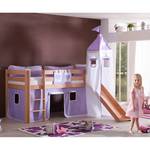 Spielbett Alex mit Rutsche , Vorhang, Turm und Tasche Buche natur/Textil purple-weiß-herz