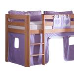 Spielbett Alex mit Rutsche , Vorhang, Turm und Tasche Buche natur/Textil purple-weiß-herz