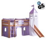 Spielbett Alex mit Rutsche , Vorhang, Turm und Tasche - Buche natur/Textil purple-weiß-herz