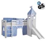 Letto per bambini Alex Con scivolo, tenda, torre e taschino - Faggio bianco/Tessuto azzurro