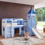 Spielbett Alex mit Rutsche, Vorhang, Turm und Tasche - Buche weiß/Textil blau-delfin