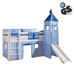 Spielbett Alex mit Rutsche, Vorhang, Turm und Tasche - Buche weiß/Textil blau-delfin