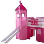 Spielbett Alex mit Rutsche, Vorhang, Turm und Tasche - Buche weiß/Textil pink-herz