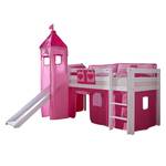 Spielbett Alex mit Rutsche, Vorhang, Turm und Tasche Buche weiß/Textil pink-herz