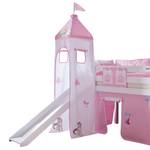 Letto per bambini Alex Con scivolo, tenda, torre e taschino Faggio bianco/Tessuto con motivo principessa taschini