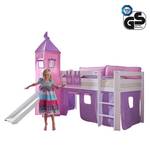 Spielbett Alex met glijbaan, gordijn, toren en tasje - wit beukenhout/textiel - paars/roze - hartjes