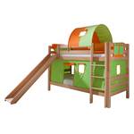 Spielbett Beni Buche massiv - Natur lackiert/Textil Grün-Orange - mit Rutsche, Vorhang, Tunnel und Tasche
