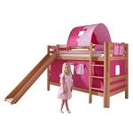 Spielbett Beni Buche massiv - Natur lackiert/Textil Pink-Rosa - mit Rutsche, Vorhang, Tunnel und Tasche -