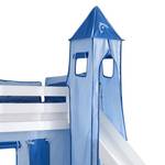 Spielbett Beni mit Rutsche, Vorhang, Turm und Tasche - Buche massiv weiß lackiert/Textil blau-delfin