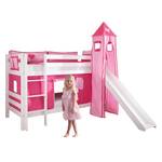 Spielbett Beni mit Rutsche, Vorhang, Turm und Tasche - Buche massiv weiß lackiert/Textil pink-herz