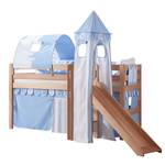 Spielbett Eliyas mit Rutsche, Vorhang, Tunnel, Turm und Tasche - Buche natur/Textil Blau-Boy